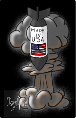 A cartoon-style bomb with a label that reads "Made in USA" with the US flag descending into a mushroom cloud on a black background
