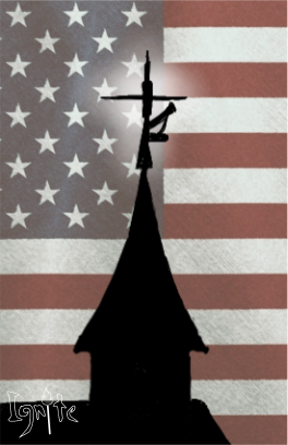 A silhouetted church steeple with a cross stands against a faded American flag. A rifle is strapped to the cross, glowing slightly with a white halo. The Ignite watermark is overlaid in the bottom right corner