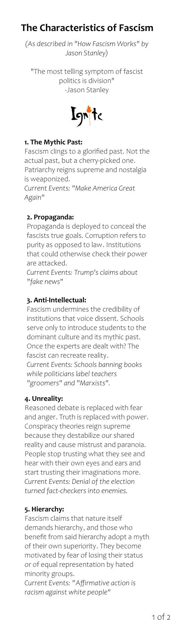 Graphic titled "The Characteristics of Fascism (as described in How Fascism Works by Jason Stanley)", presented by Ignite. Includes a quote: "The most telling symptom of fascist politics is division" The image outlines the first five characteristics of fascist politics with brief descriptions and modern U.S. examples: 1) The Mythic Past, 2) Propaganda, 3) Anti-Intellectualism, 4) Unreality, and 5) Hierarchy. Page labeled "1 of 2" in the corner.